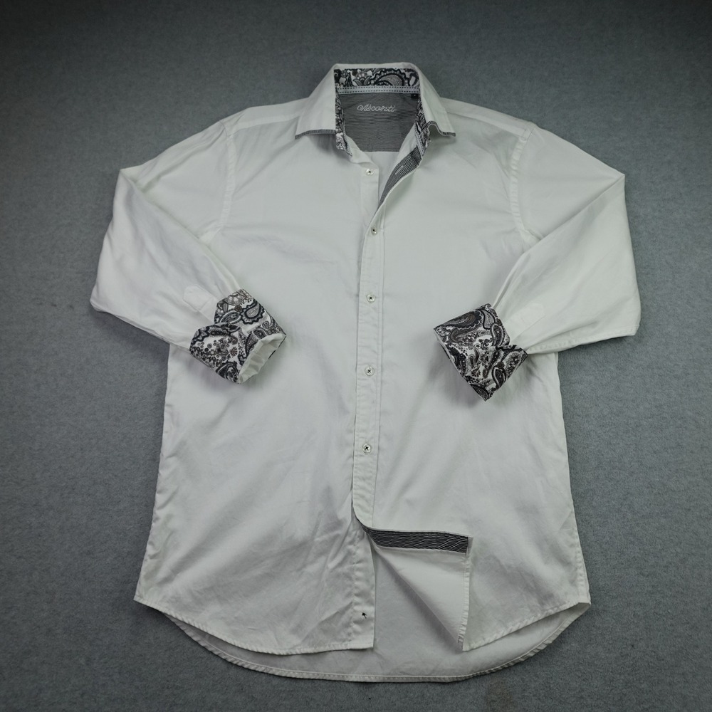 Visconti Button Down Mens S White Paisley Contrast Trim Cotton Shirt 14248